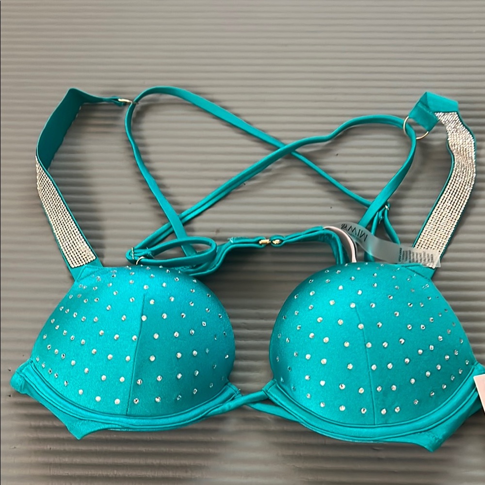 Victoria's Secret Green Bikini top with sparkles and crisscross straps